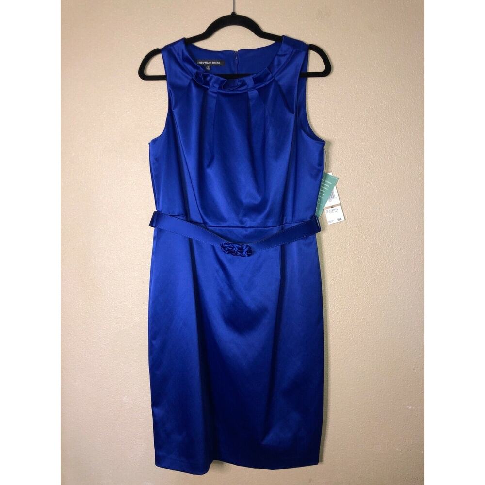 Jones Wear Cocktail Wedding Party  Sleeveless Royal Blue Satin Dress w/ Belt